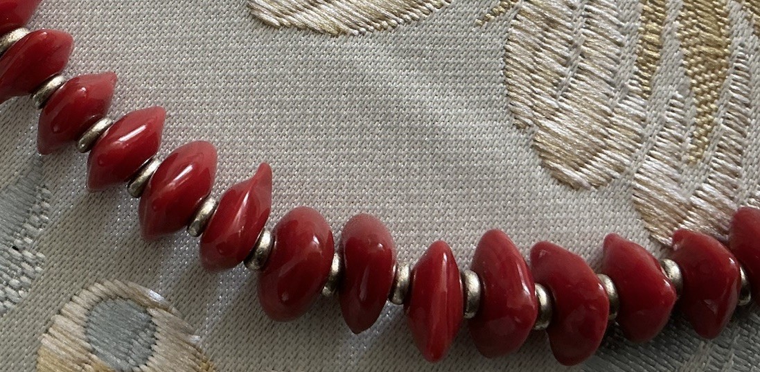 Faux Red Coral And Sterling Beaded Necklace Choker Collar Length 14.25”-16.25”