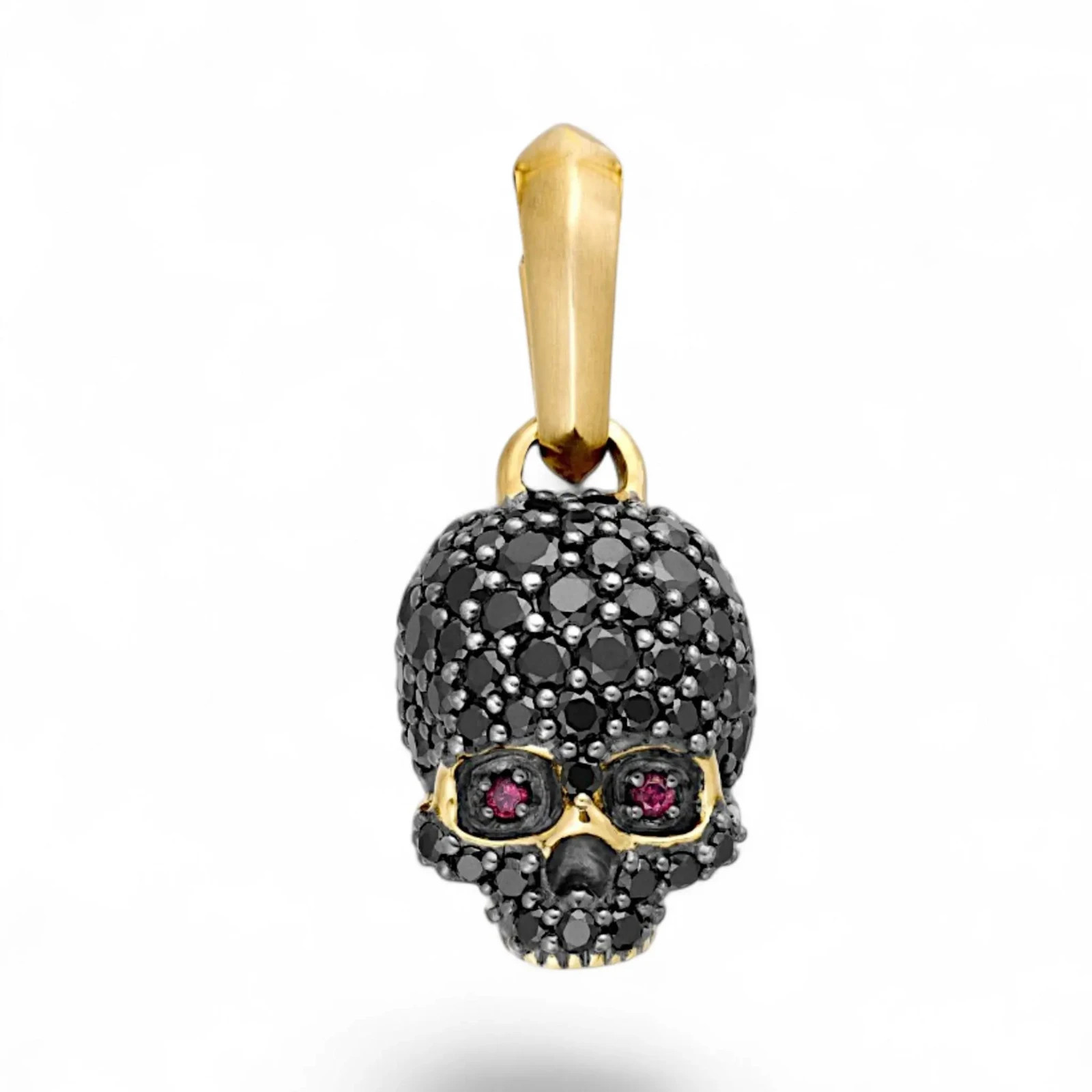 David Yurman Memento Mori Skull Pendant 18K Yellow Gold Black Diamond Pave, Ruby