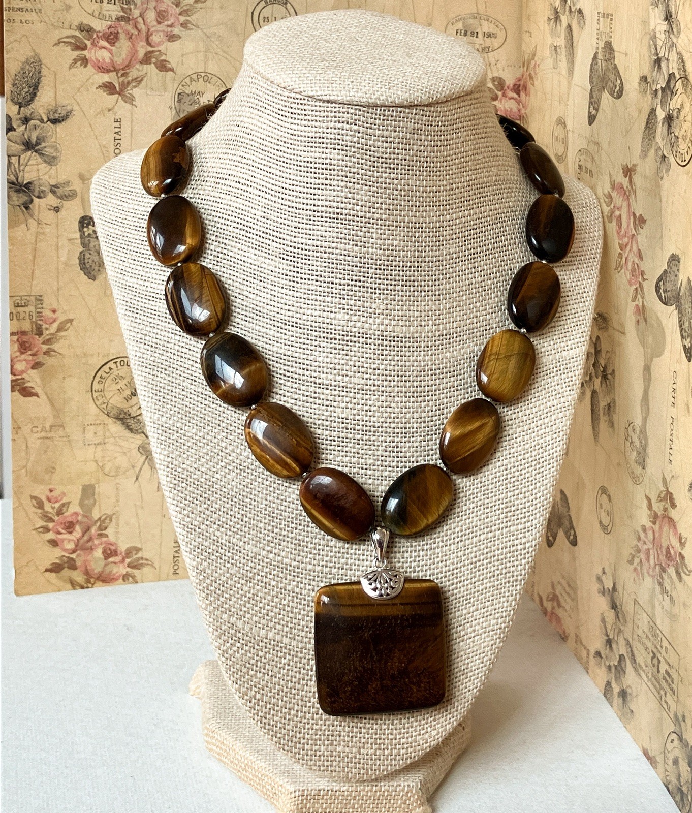 Vintage Aluma Tiger’s Eye Statement Necklace 925 Sterling Silver Signed AIL