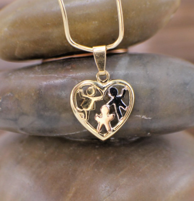 Solid 10K Yellow White & Rose Gold Children Heart Grandkids Charm Pendant Kids