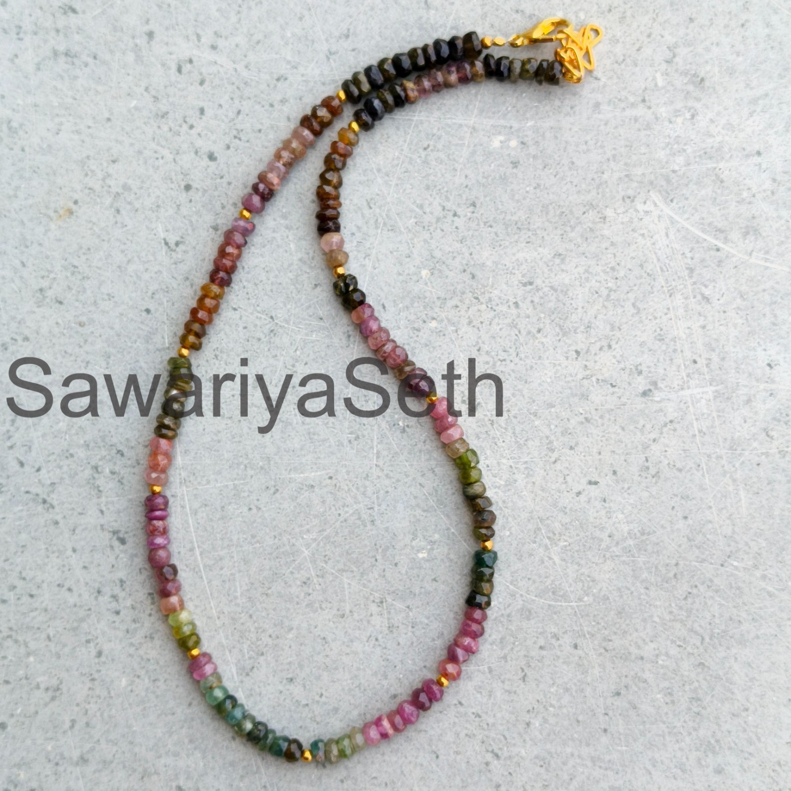 Multi Color Tourmaline Necklace, 4mm Faceted Rondelle Beads, Sterling Silver Cla