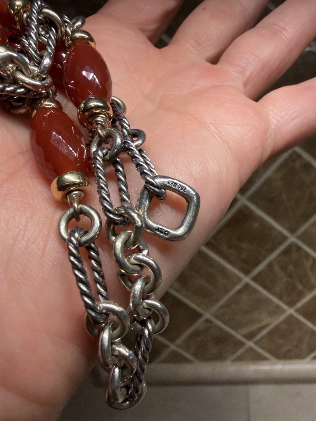David Yurman 925 Sterling Silver Carnelian Station 33in Figaro Toggle Necklace
