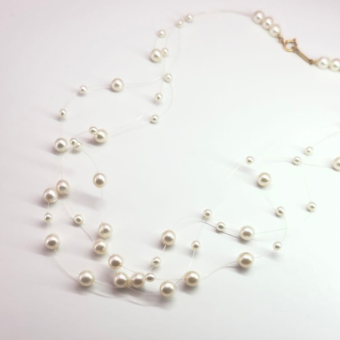 TASAKI 18K White Pearl 3-Row Wire Necklace 3-5.2mm 40cm 6.8g Triple Strand w/Box
