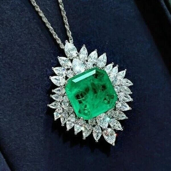 Gorgeous Pendant Asscher Cut Lab Created Emerald &Diamond 14K White Gold Plated