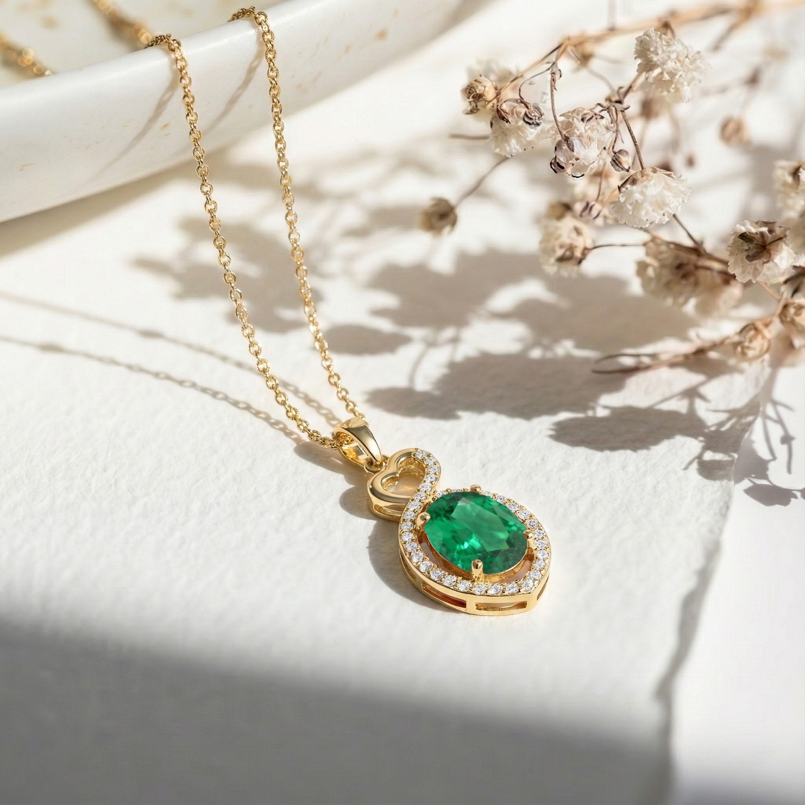Emerald Pendant Necklace, May Birthstone Jewelry For Women,Halo Infinity Pendant