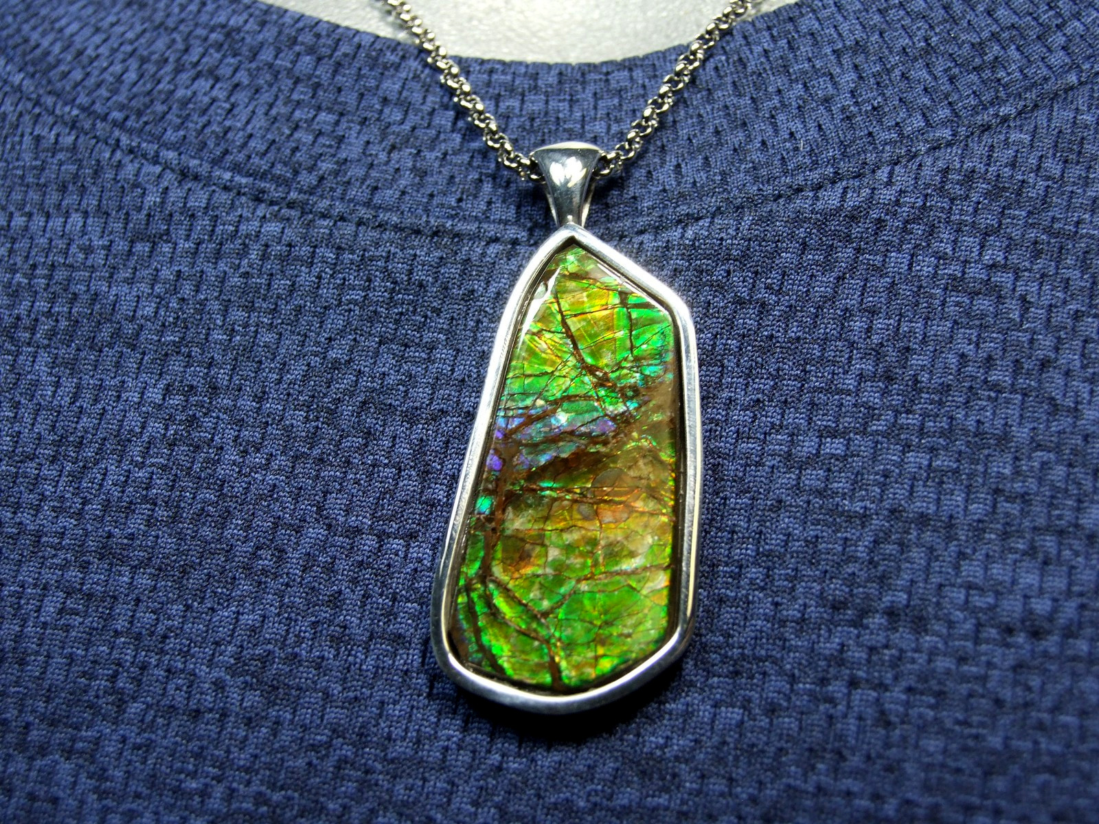 AMMOLITE PENDANT, Solid Sterling Silver , HANDMADE- USA, Feng Shui Prized