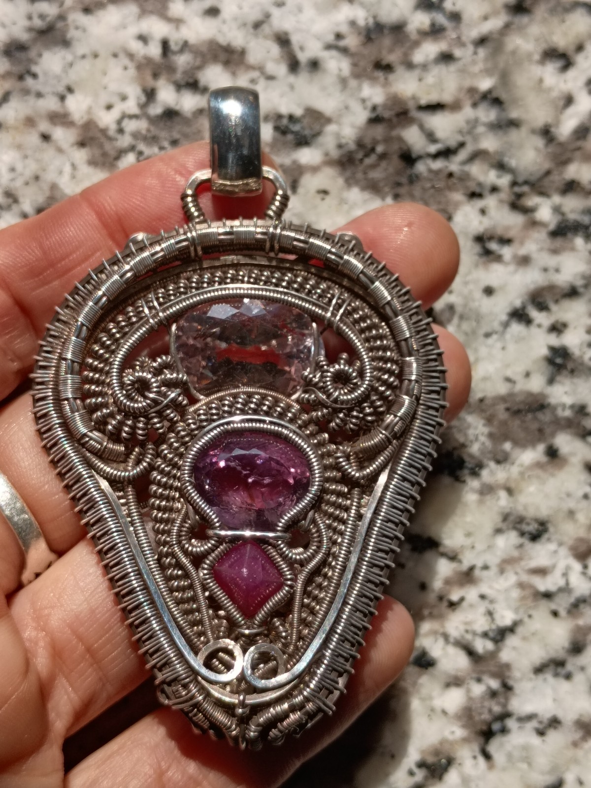Amethyst Spinel Rose De France “Light Shield” Pendant Statement Wirewrap Art 925