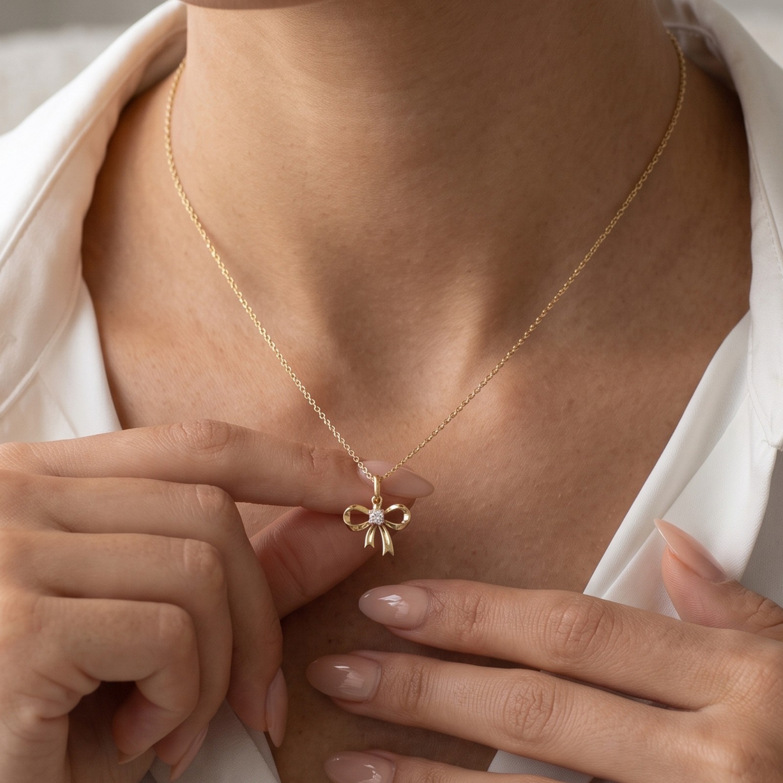 Bow Ribbon Pendant 1/10 Ctw Round Cut Lab Grown Diamond With Chain in 10K Gold