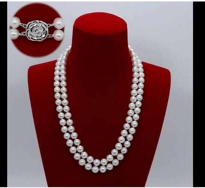 Double Strand AAAA 9-10mm Natural round Akoya White Pearl Necklace 24 inch 925s