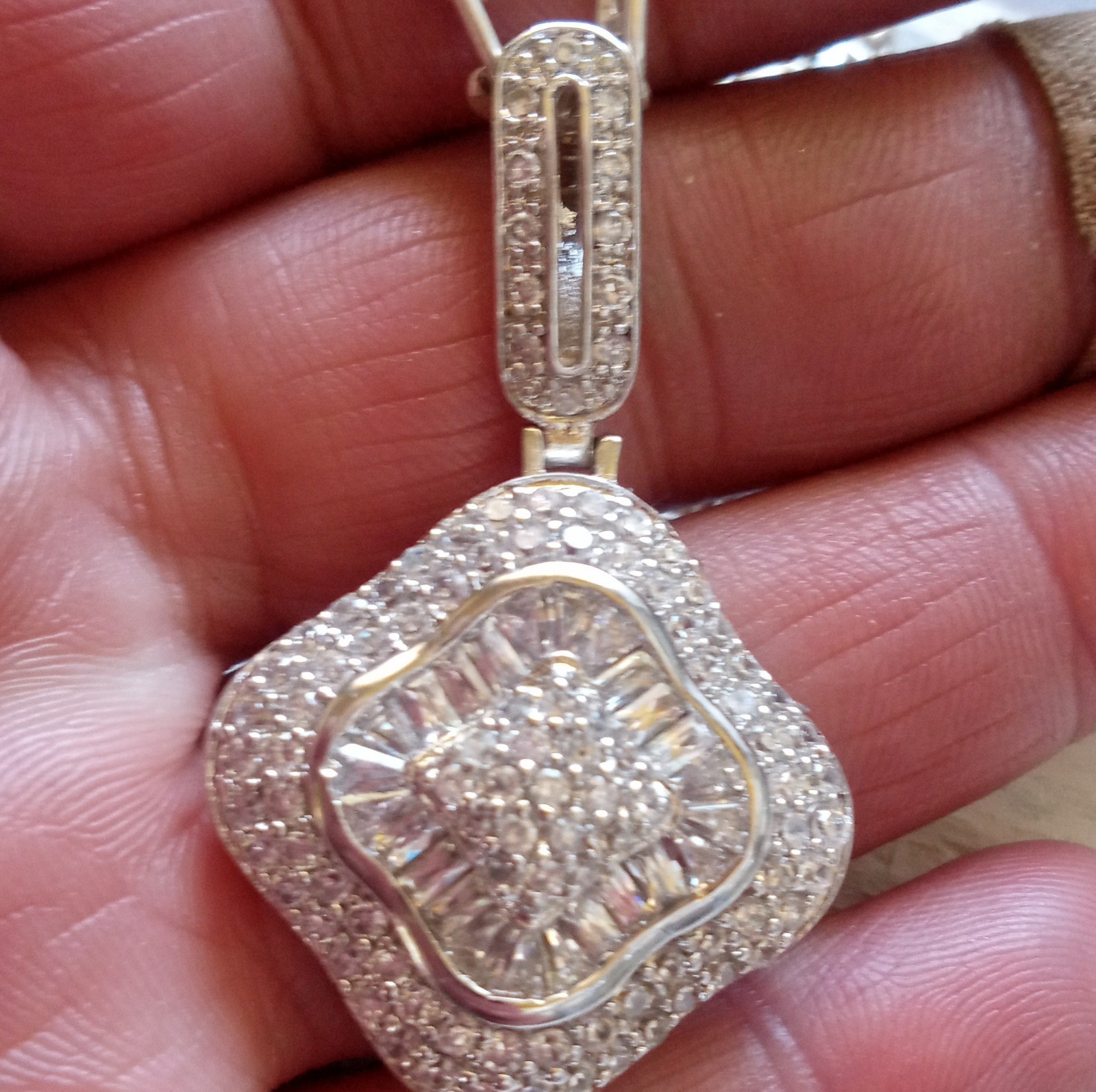 Square Moissanite Cluster Pendant in Sterling Silver 925, White Gold Look, New