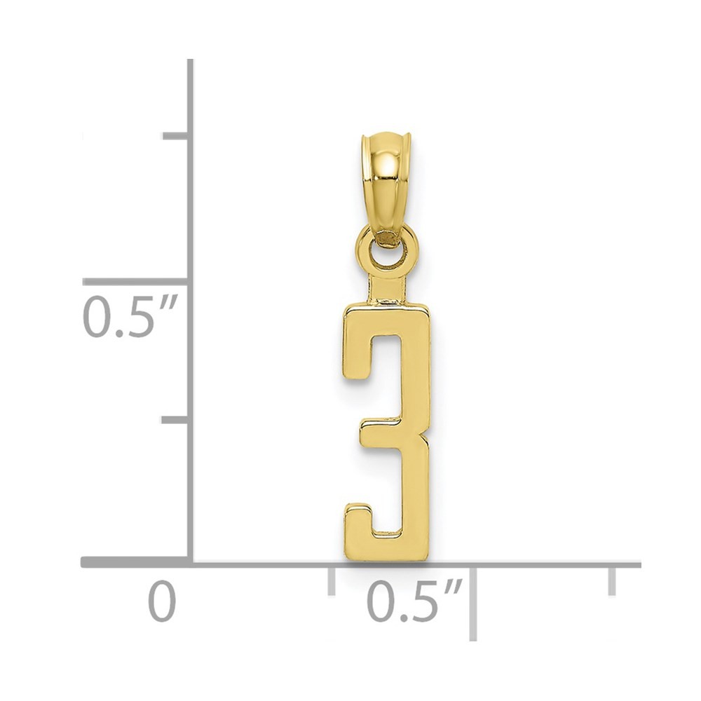 10k Yellow Gold Number 3 Block Charm Pendant 0.44gm L-0.51 Inch, W-0.17 Inch