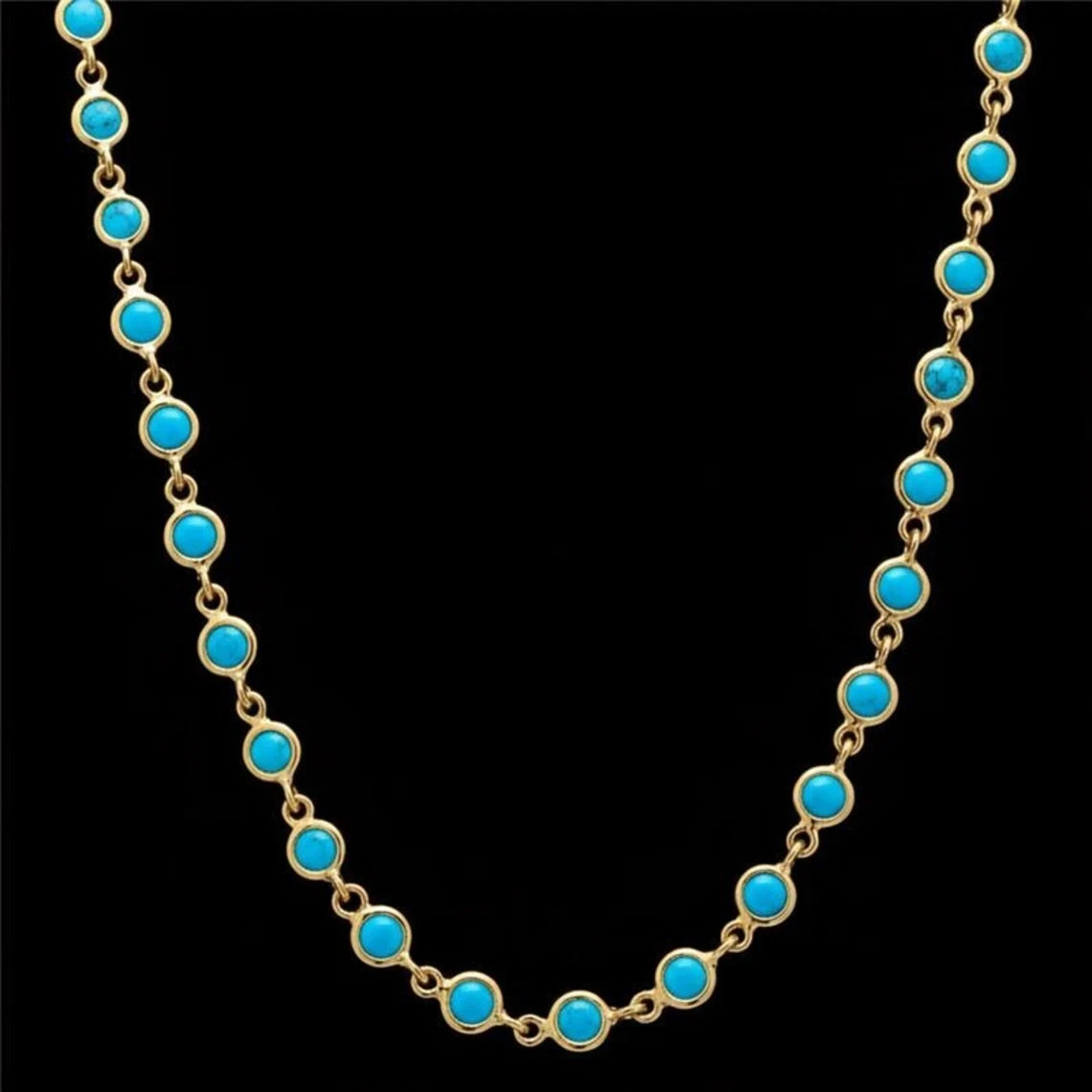 Round Cut Blue Turquoise Station Necklace Lobster 18in 14k Yellow Gold Plated