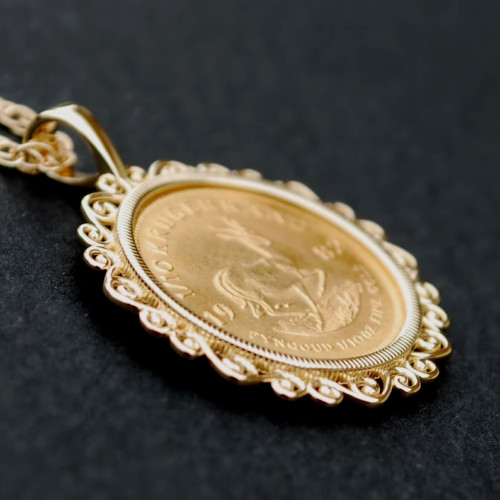 Krugerrand Coin Custom Pendant With Free Chain 14k Yellow Gold Finish