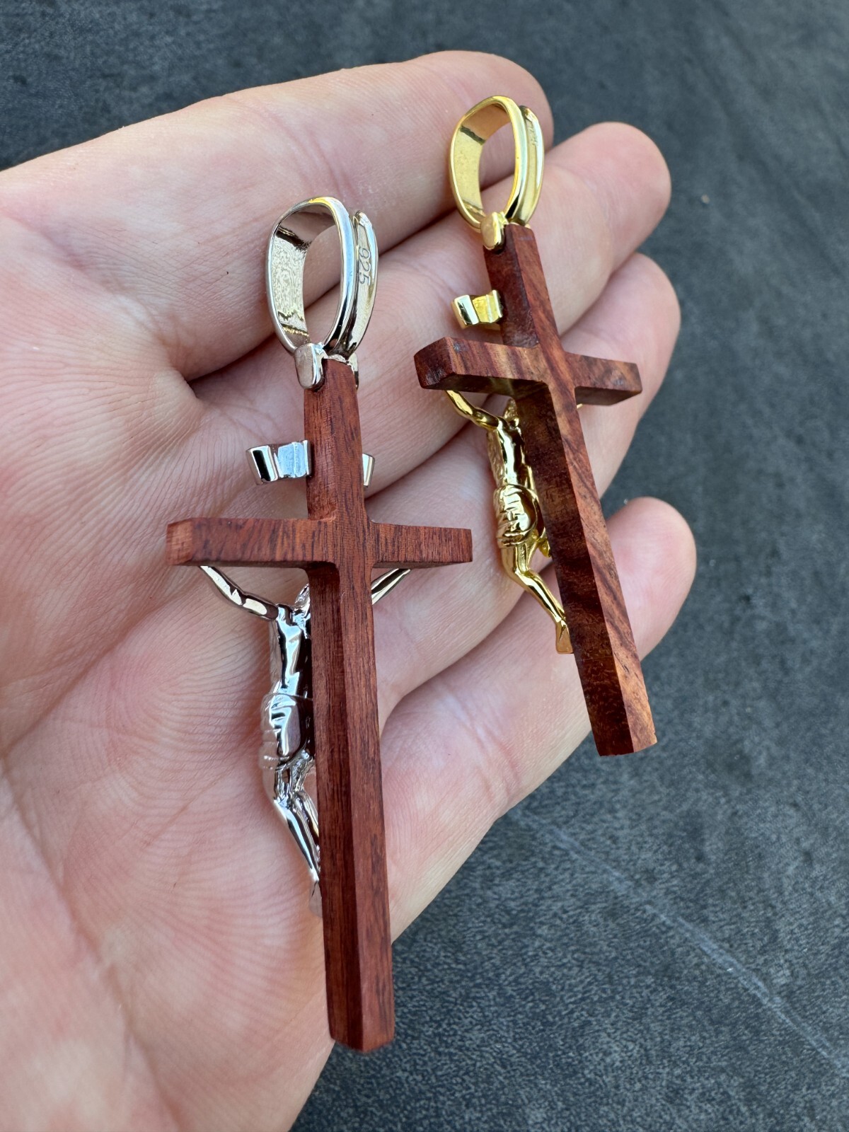 Mens Real 925 Silver & Red Cherry Walnut Wood Jesus On Cross Pendant Necklace 2″