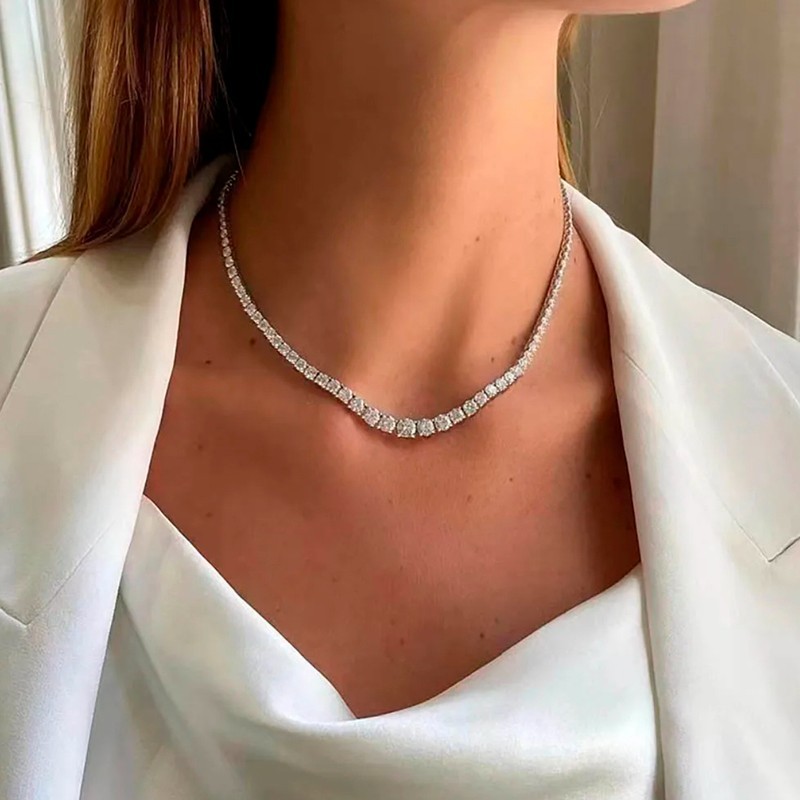 D Color Real Moissanite Tennis Necklace Women S925 Silver 18K White Gold Plated