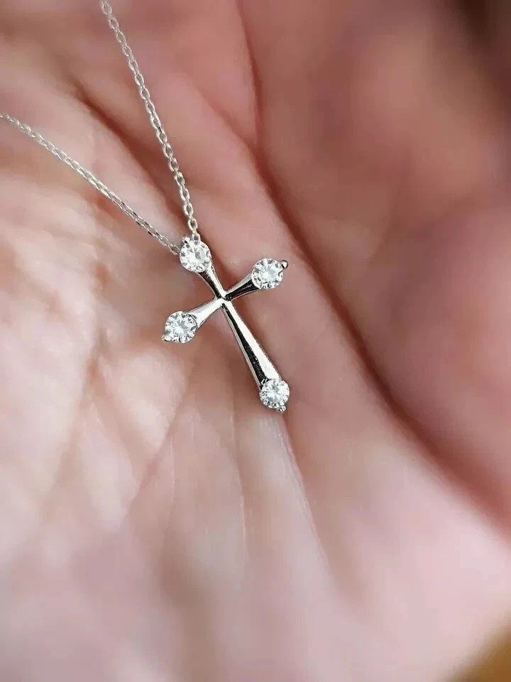 14k White Gold Plated 0.20 Ct Round Cut Lab Created Diamond Cross Shape Pendant