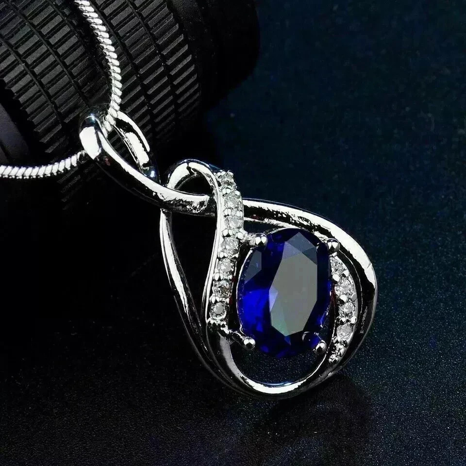 Oval Cut Lab Created Blue Sapphire Fancy Pendant Necklace 14K White Gold Plated
