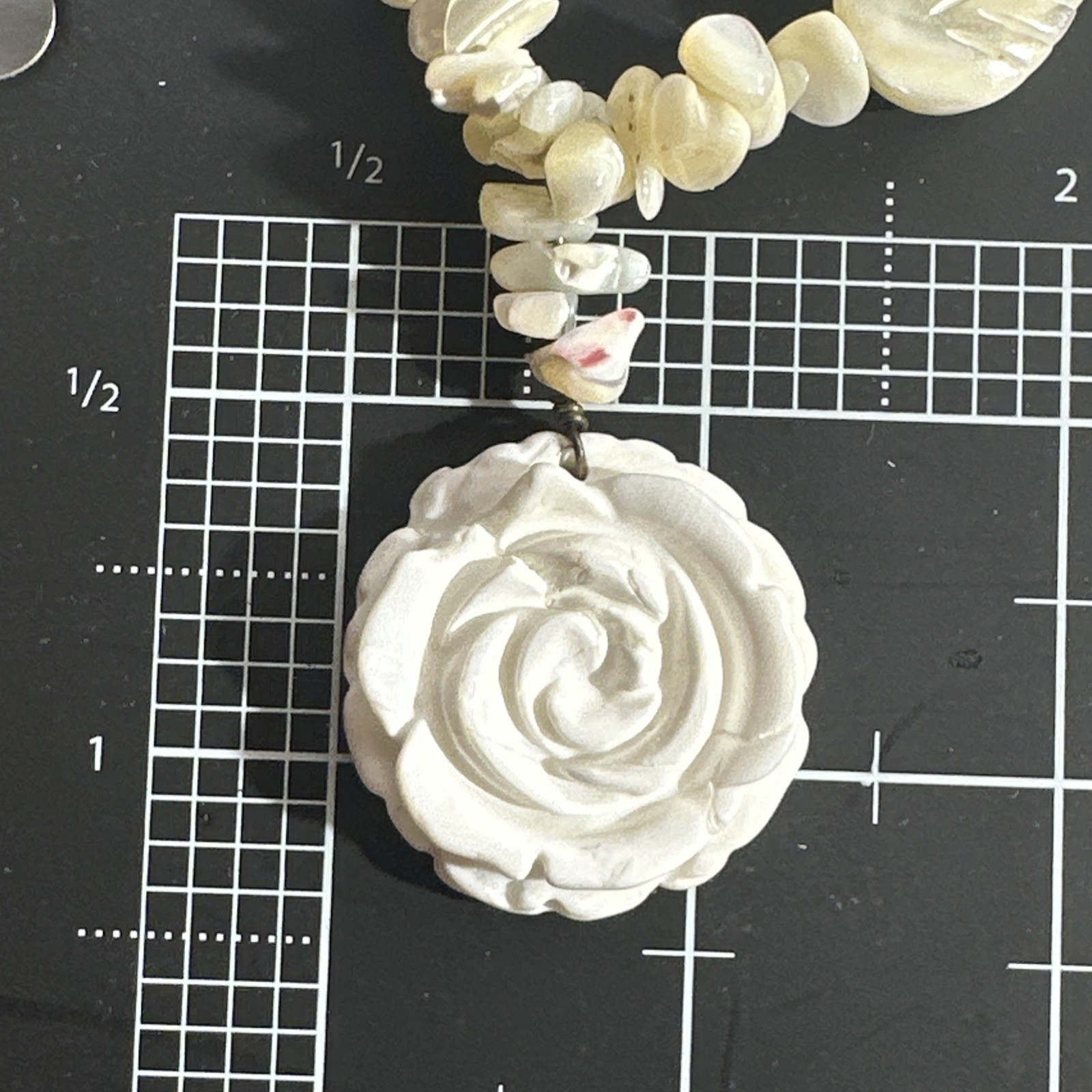Vintage Mother Of Pearl Necklace Carved Rose Pendant MOP Leaf 925 Silver Clasp