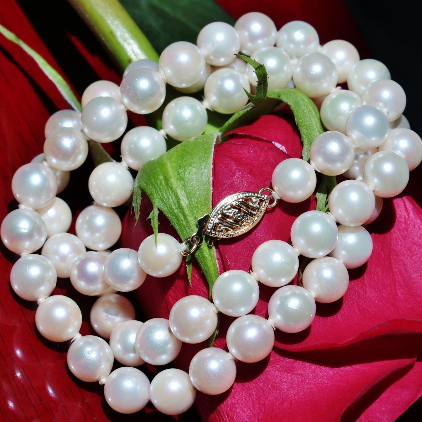 14k yellow gold necklace 6.5mm-7mm cultured pearl 18.0″ vintage handmade 27gr