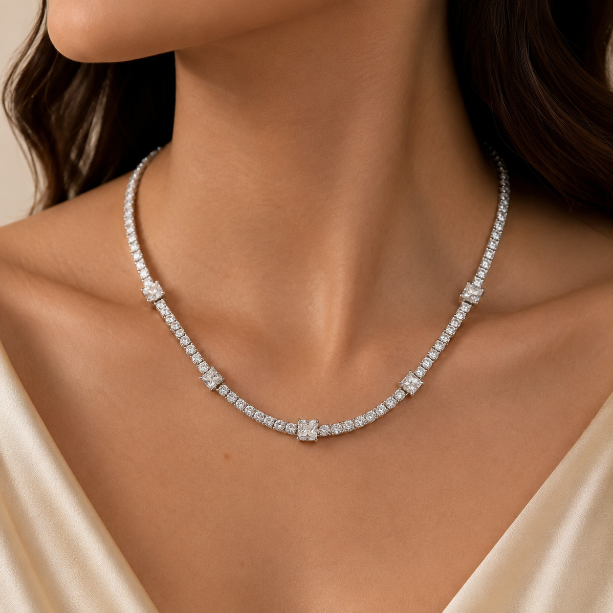 IGI 3.67CT SI1 Princess & Round Cut Natural Diamond Necklace 14k White Gold