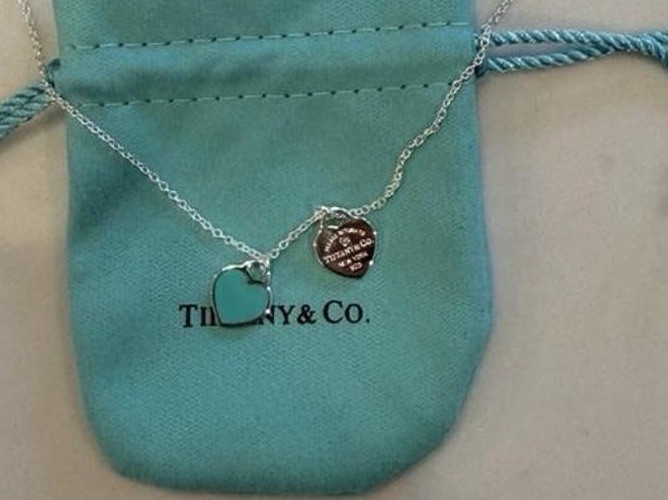 Please Return Tiffany & Co Silver Mini Double Heart Blue Enamel 16″ Necklace