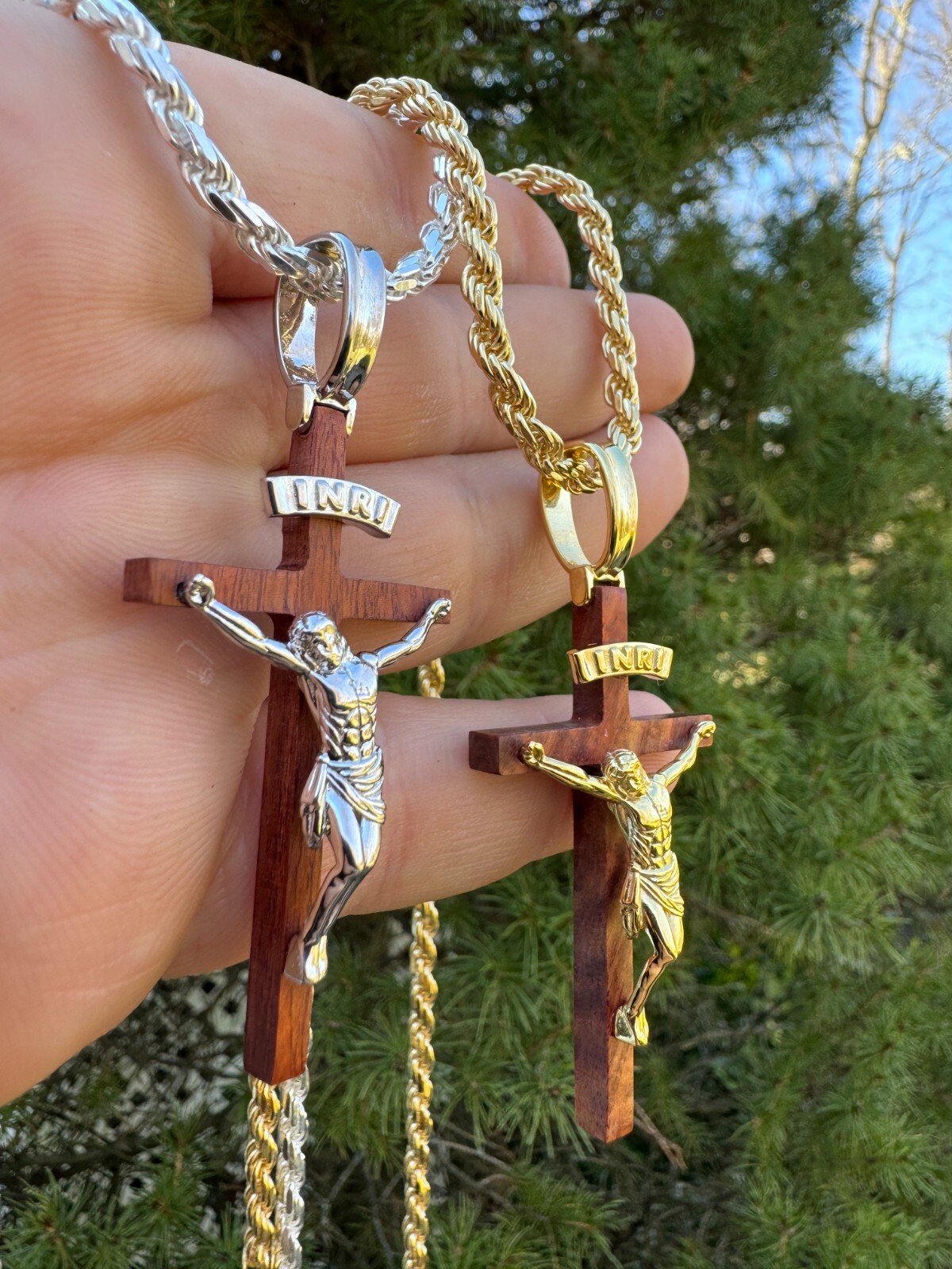 Mens Real 925 Silver & Red Cherry Walnut Wood Jesus On Cross Pendant Necklace 2″
