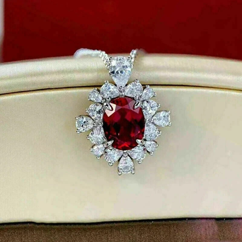 2Ct Oval Cut Red Ruby Diamond Halo Pendant 14K White Gold Finish 18″ Free Chain