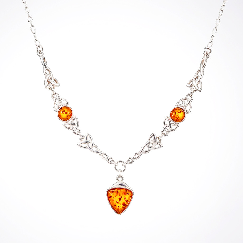 Vintage 925 Sterling Silver Honey Baltic Amber Modern Celtic Knot Necklace