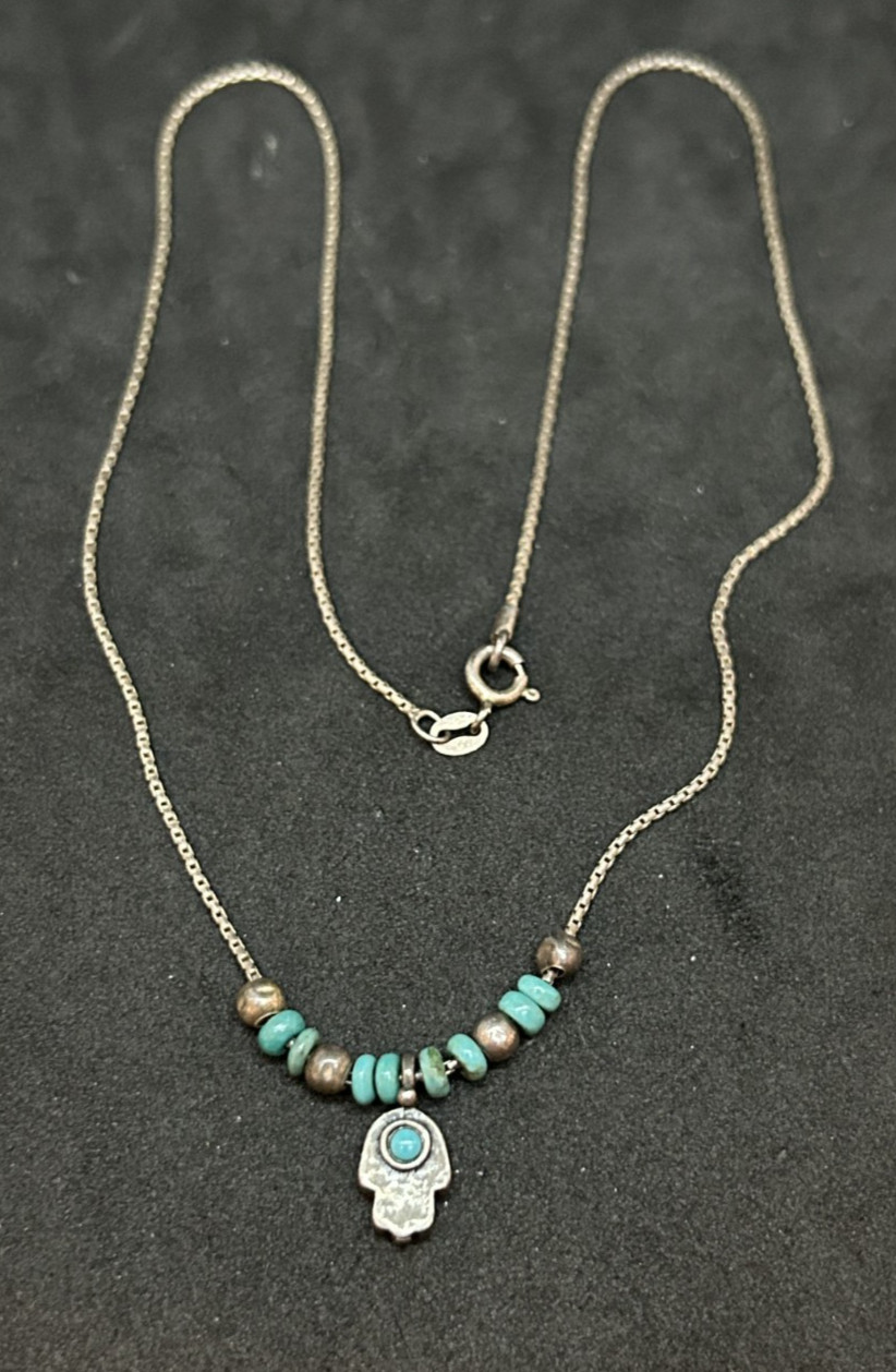 925 Sterling Turquoise Indian Mudra Pendant Necklace 16.5in – 4.86g