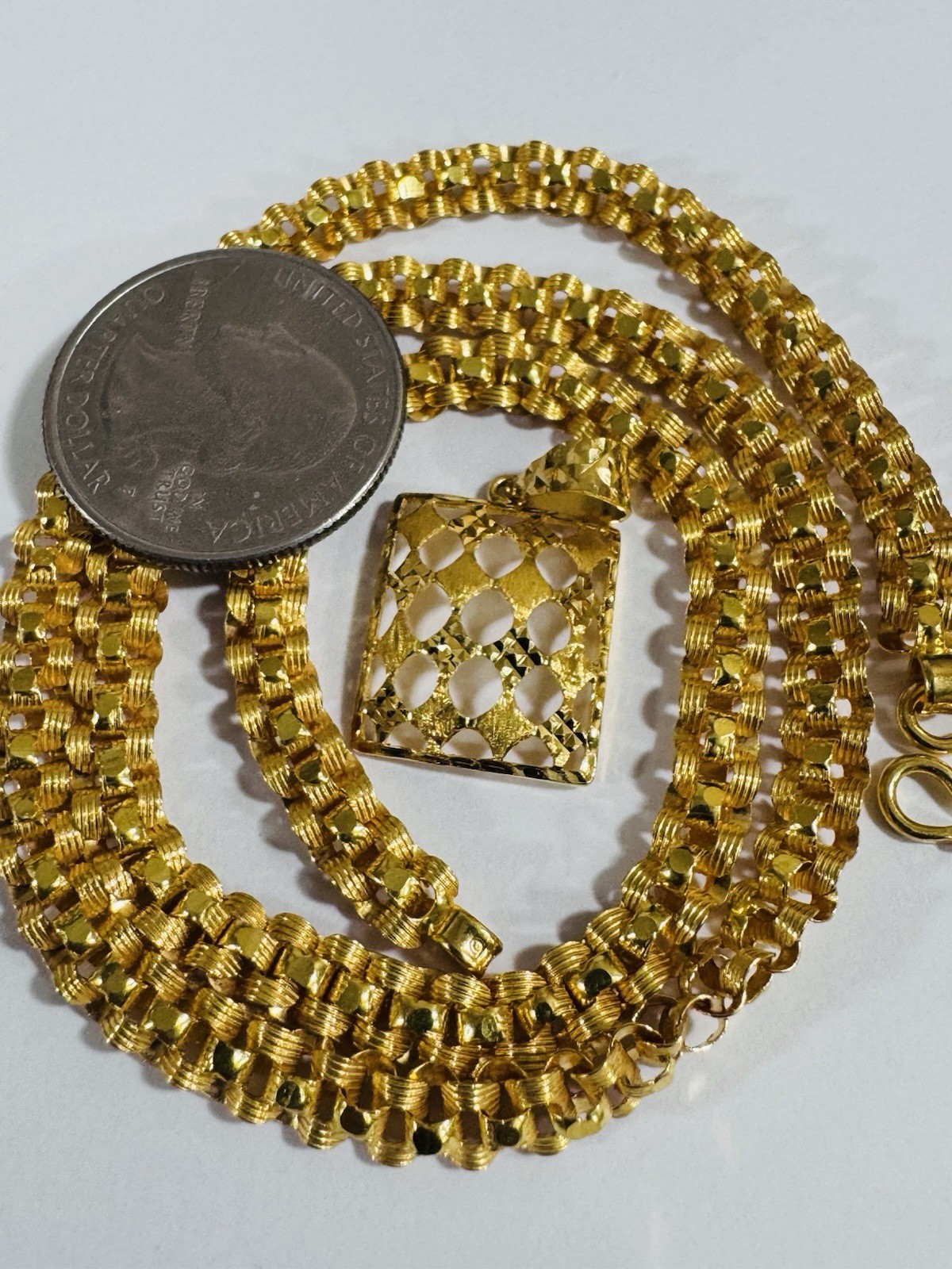 Solid 22K 916 Real Saudi Gold Rectangle Set Necklace 17”/17.5” Long 21.2g 6mm