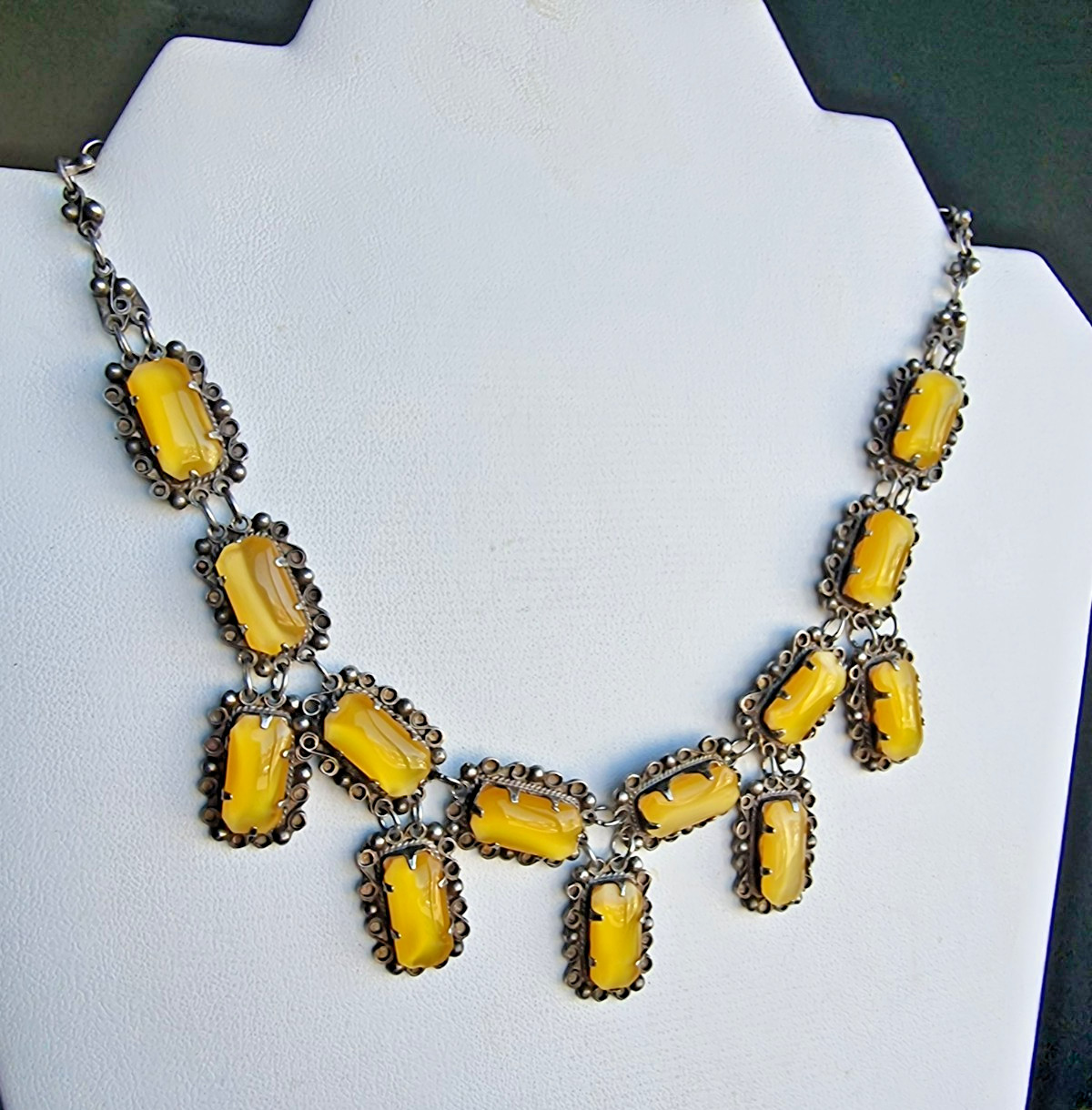 ANTIQUE MEXICAN 925 STERLING SILVER CHRYSOBERIL CAT’S-EYE UNIQUE NECKLACE 47g