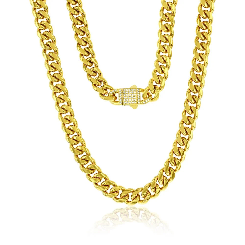 Stainless Steel, 12mm Miami Cuban, CZ Lock Necklace – Gold Plated