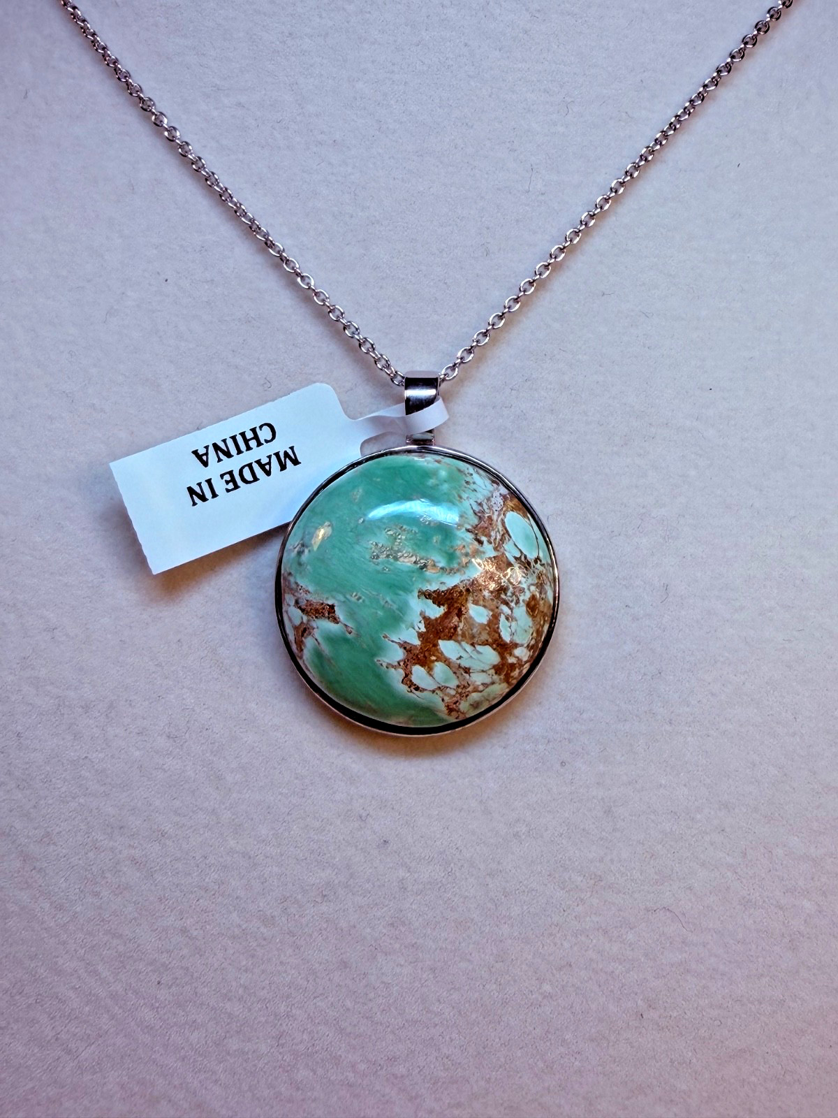 PINCTORE Sterling Silver 24mm Round Variscite Pendant w/ Cable Chain 18in – 21in