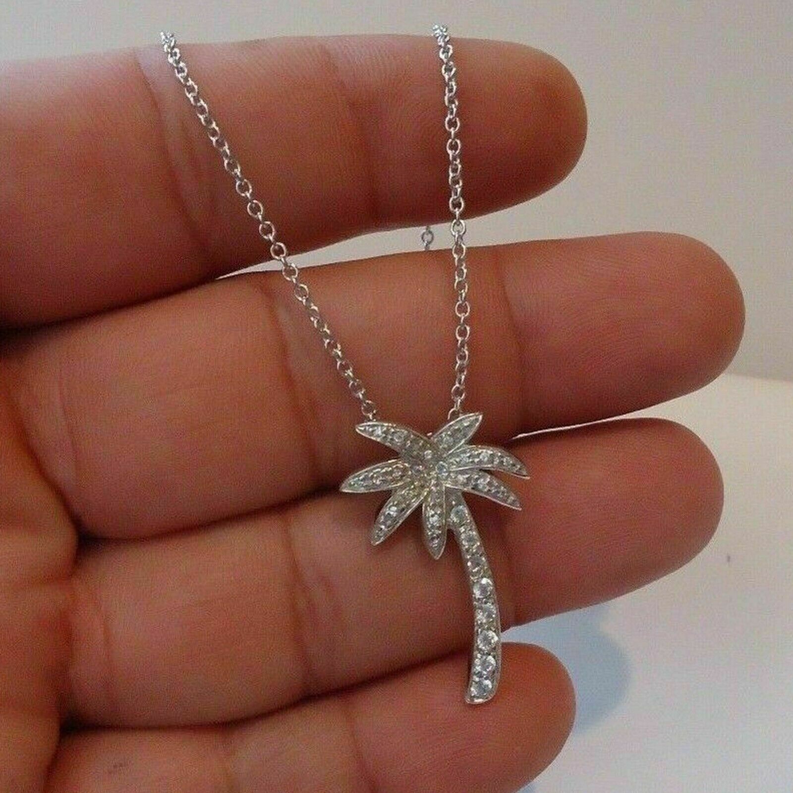 2Ct Lab Created Diamond Palm Tree Pendant 14K White Gold Over Free Chain