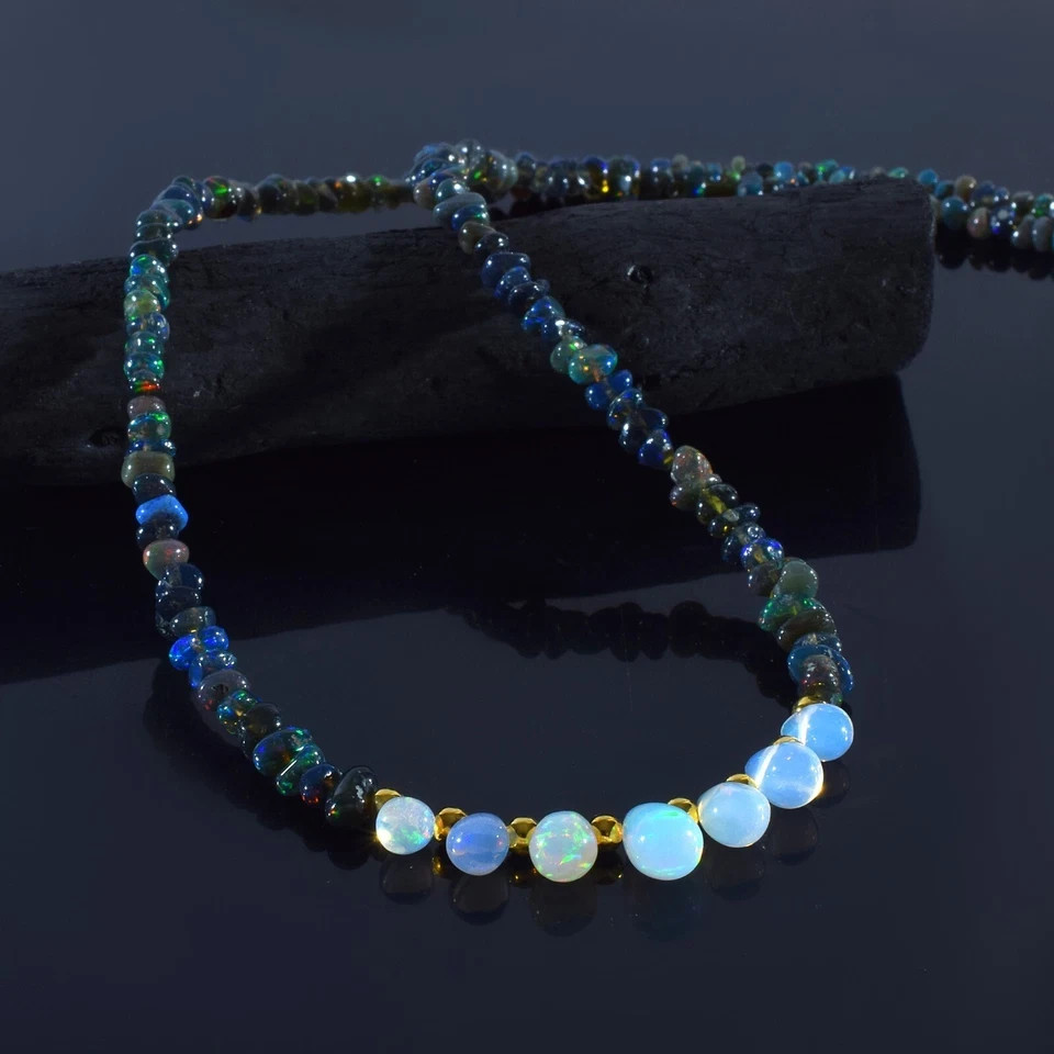 Natural Welo Fire Black Opal Nuggets Beads Necklace 925 Silver Handmade Chain