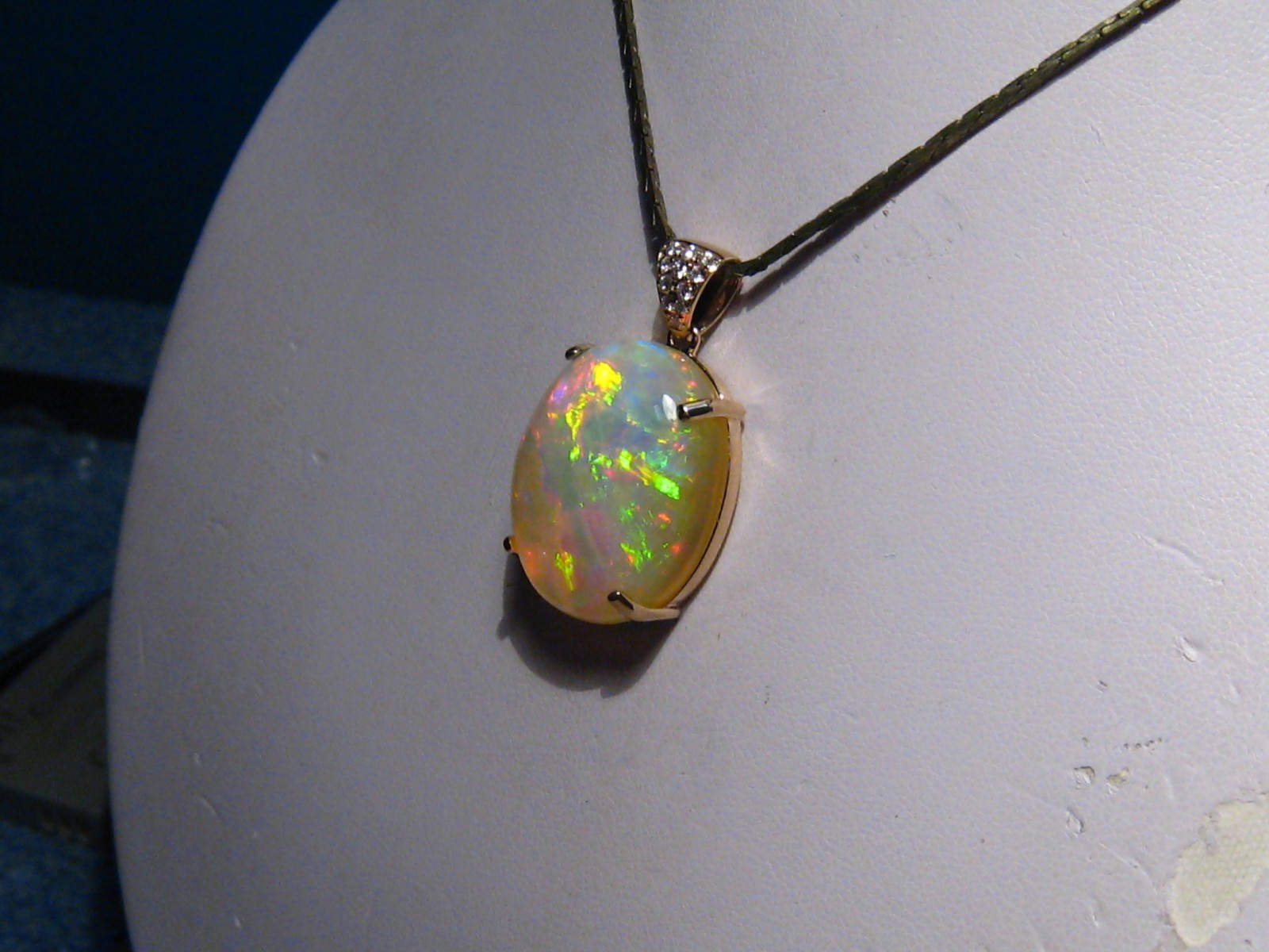 Large 25 ct Welo Opal & Diamond Pendant , Solid 14 k Gold , Brightness 5+
