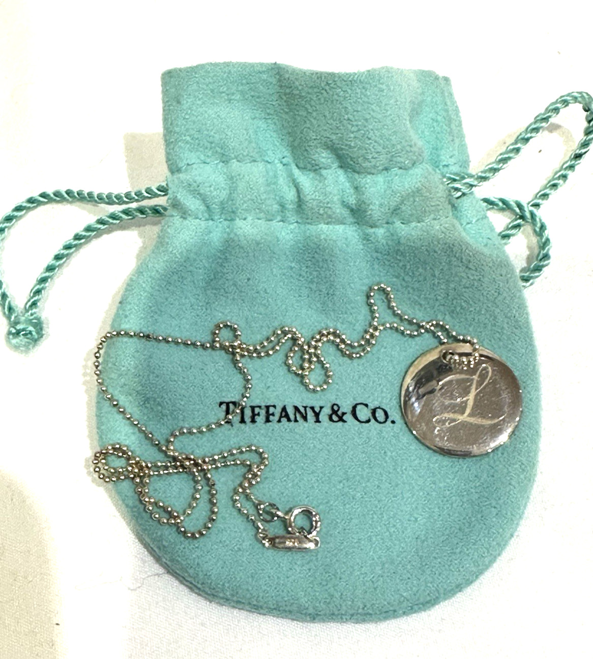 TIFFANY & CO INITIAL “L” DISC NECKLACE WITH BALL CHAIN AND POUCH