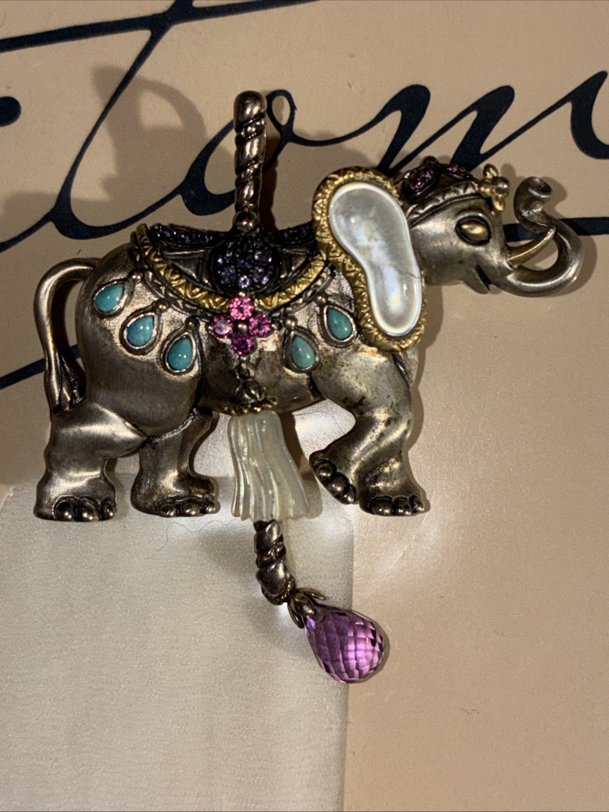 Barbara Bixby Carousel Elephant Pin Pendant Gemstone Tassel MOP Turquoise Iolite