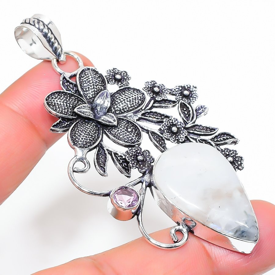 Rainbow Moonstone, Kunzite 925 Sterling Silver Gemstone Pendant 2.92″ NS 23771