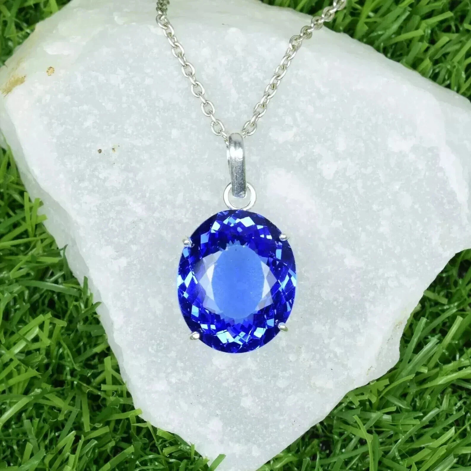 Natural Blue Tanzanite 30 Ct+ With Chain Oval Cut Gemstone 925 Silver Pendant