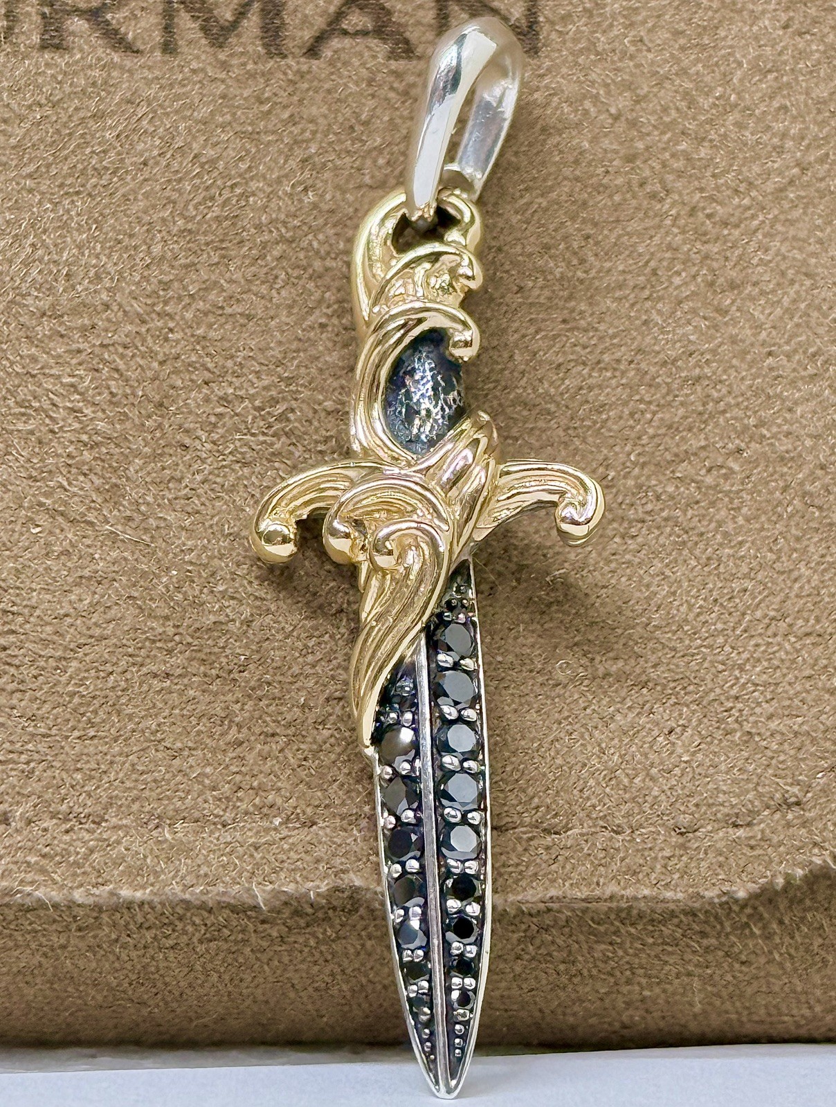 DAVID YURMAN DAGGER AMULET SterlingSilver ,18K Yellow Gold,Black Diamonds, 44mm