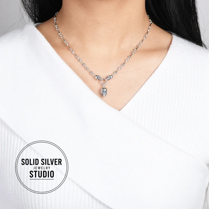 S925 Authentic Sterling Silver Skull&Bone Link Chain Punk Gothic Biker Necklace
