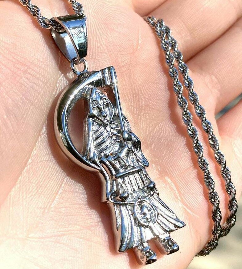 Fine Solid Precious Metal Men’s Santa Muerte Pendant 14K White Gold Over Silver