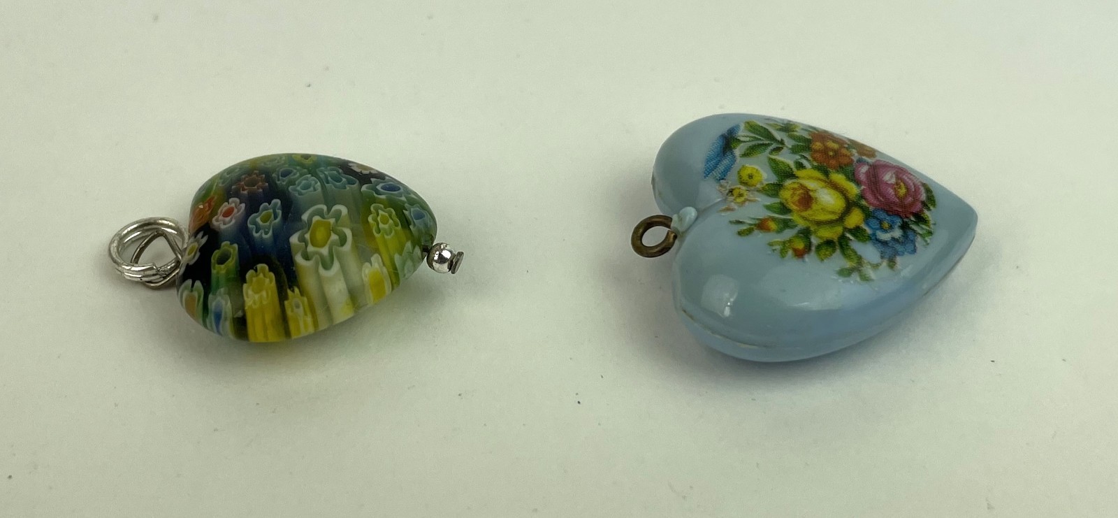 Vintage set of TWO 2 Pendants Millefiori Glass Pendant & Blue Plastic Floral