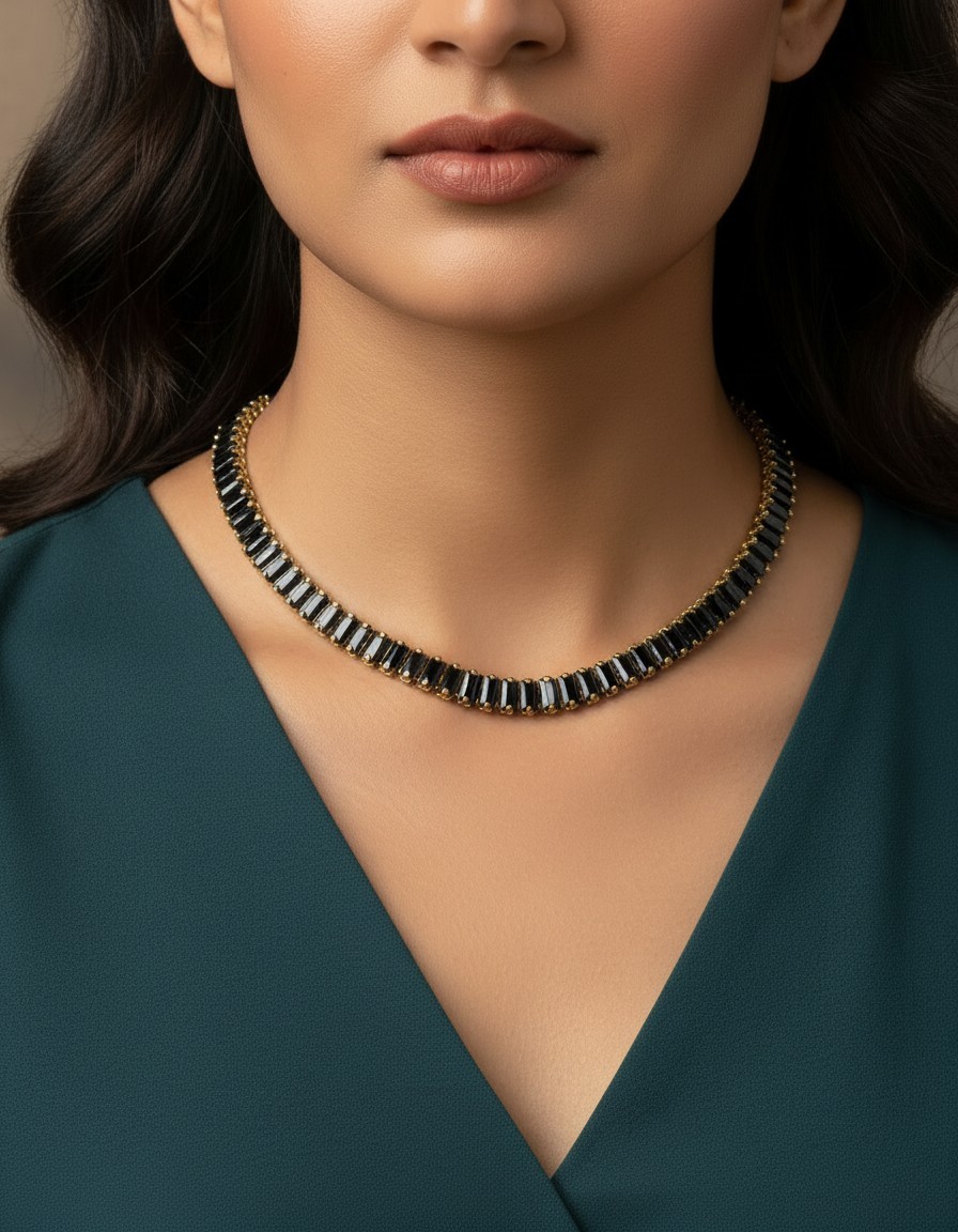 20TCW Baguette Lab Created Black Diamond Choker necklace 14k Yellow Gold Plated
