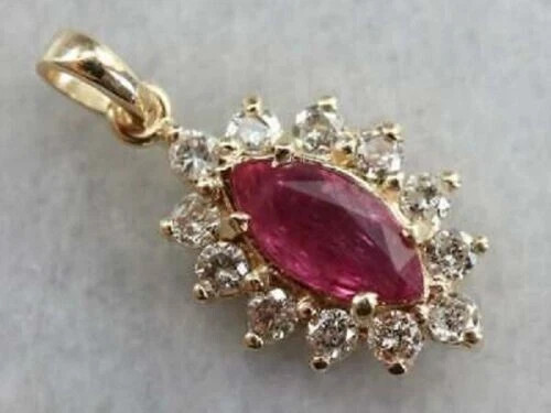 2Ct Marquise Cut Red Ruby Halo Pendant 14K Yellow Gold Finish 18” Free Chain