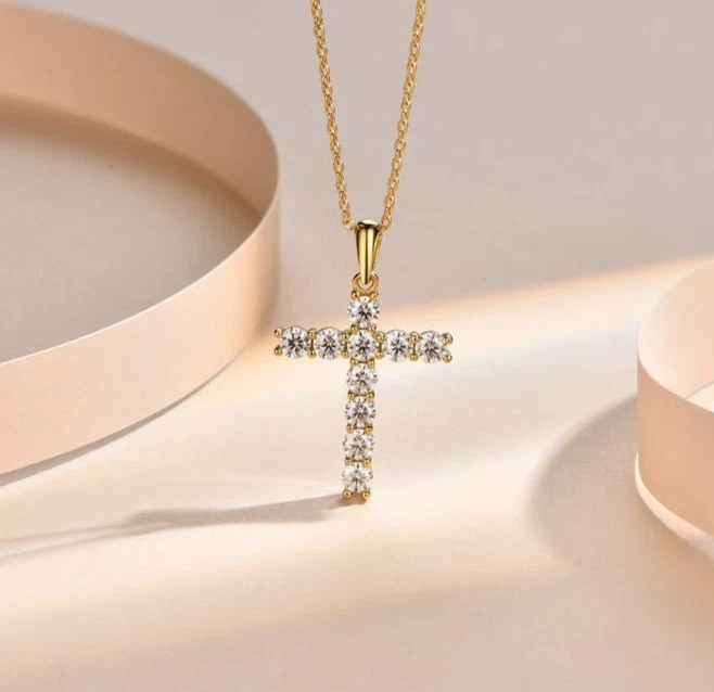 1.30ct Lab Grown Diamond Women’s Cross Pendant Chain 14k Yellow Gold Plated