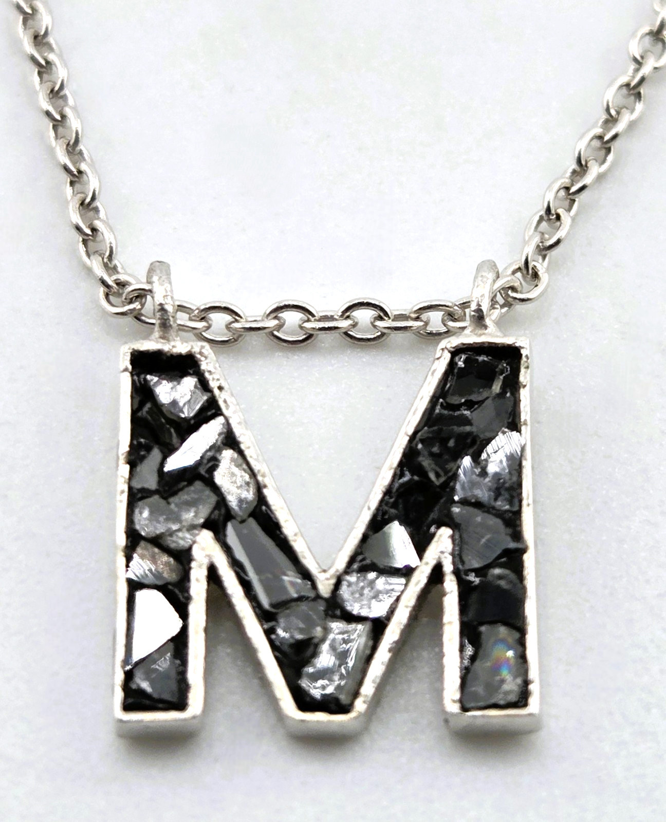 Joya “M” Initial Necklace Crushed Black Diamond 18″ Sterling Silver 1933