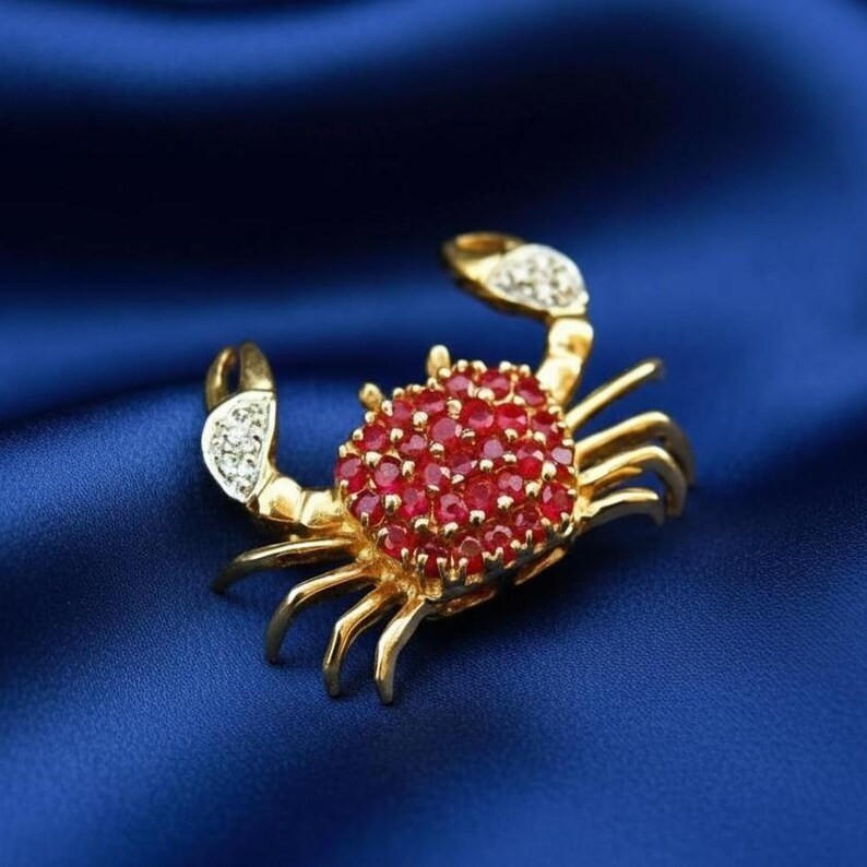 Ruby Crab Brooch Pin Red 2Ct Round Cut Real Moissanite 14k Yellow Gold Plated
