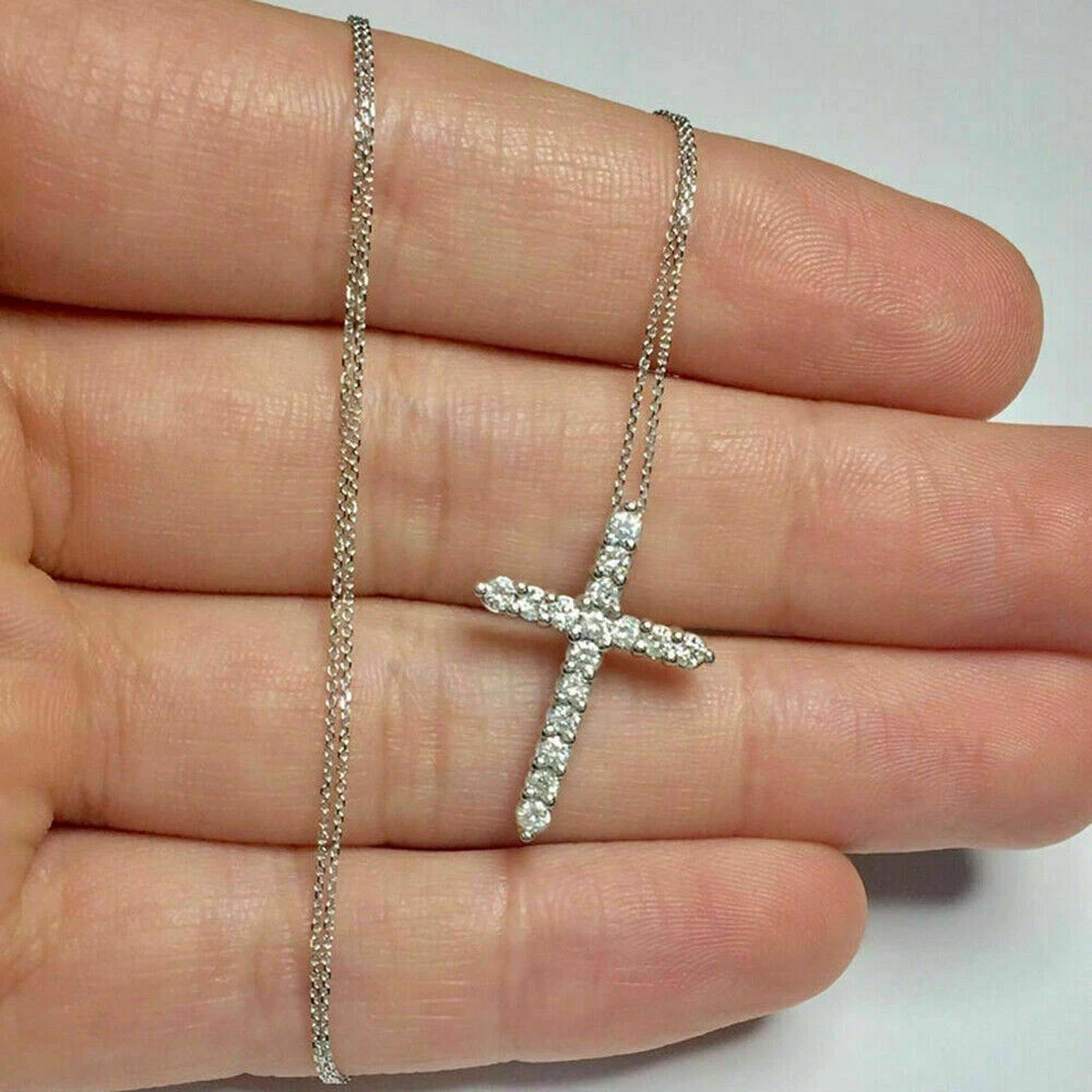 1.00 Ct Round Cut Diamond Cross Pendant W/18″ Free Chain 14K White Gold Finish